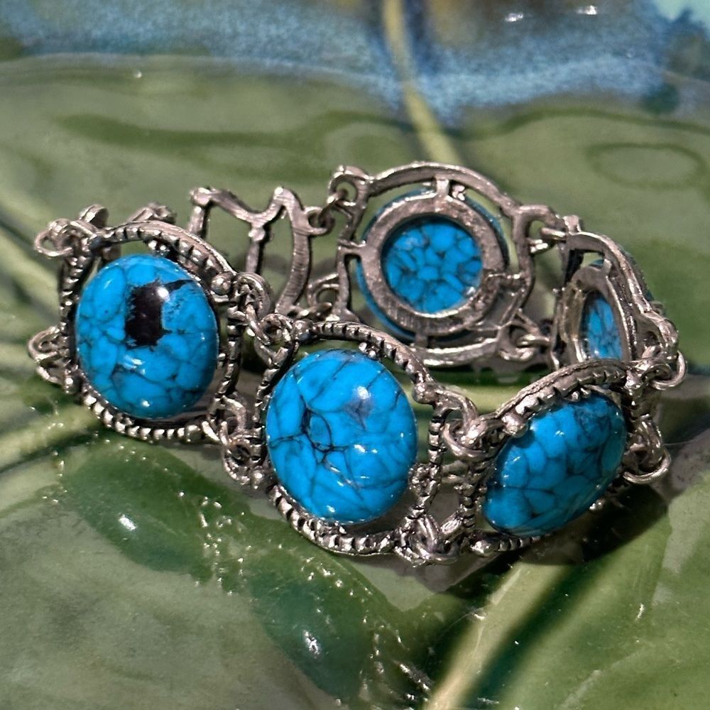 Faux Turquoise Cab Bracelet Mid Century Jewelry Chunky Boho Bracelet